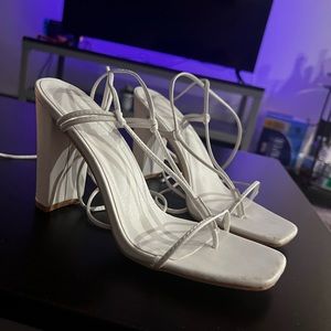 White adjustable lace up heels